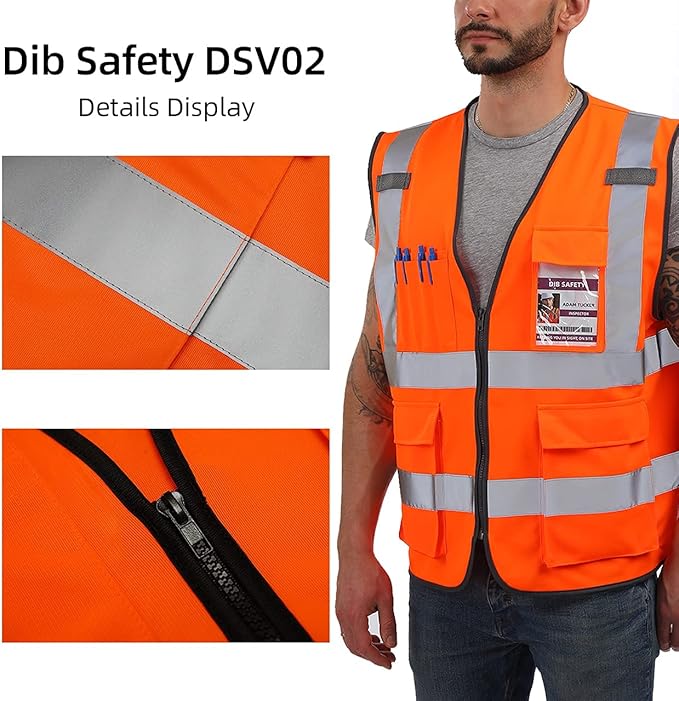 Dib Safety Vest Reflective ANSI Class 2, High Visibility Vest with Pockets and Zipper, Construction Work Vest Hi Vis Orange S