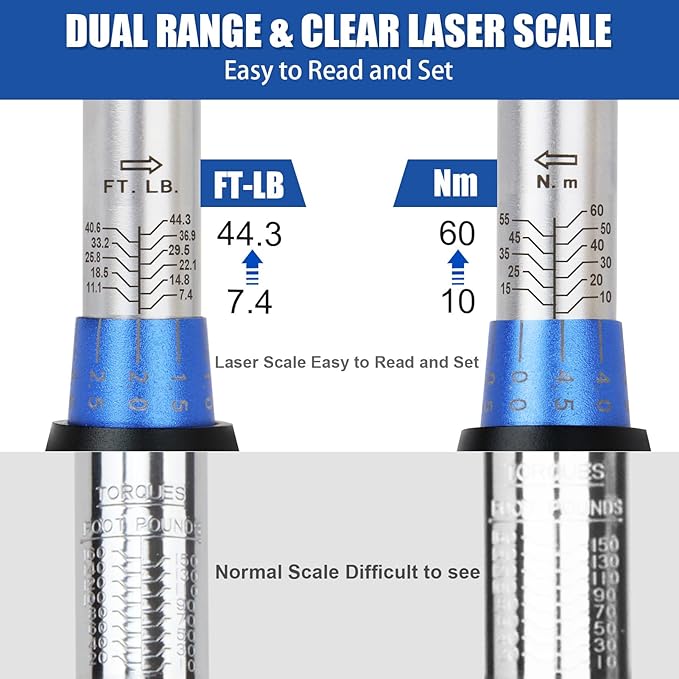 3/8-Inch Drive Click Torque Wrench, Dual-Direction 72-Tooth Torque Wrench Set 7.4-44.3 FT.LB/10-60 Nm Dual Range Scales Torque Wrench for Bike, Motorcycle, Car Spark