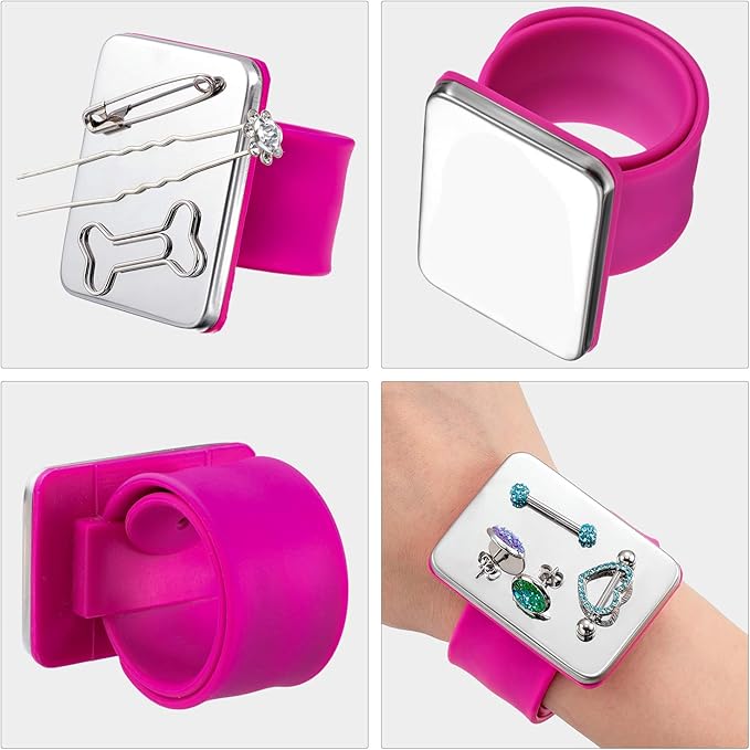 2 Pieces Magnetic Sewing Pincushion, Magnetic Wristband Pin Cushion Holder for Quilting Sewing Pins Hair Clips with Flannelette Bag, Silicone Wrist Strap Bracelet (Pink)