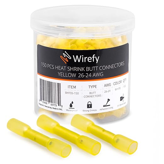 Wirefy 150 PCS Heat Shrink Butt Connectors Yellow 26-24 AWG - Marine Grade Butt Splice Connectors - Electrical Waterproof Heat Shrink