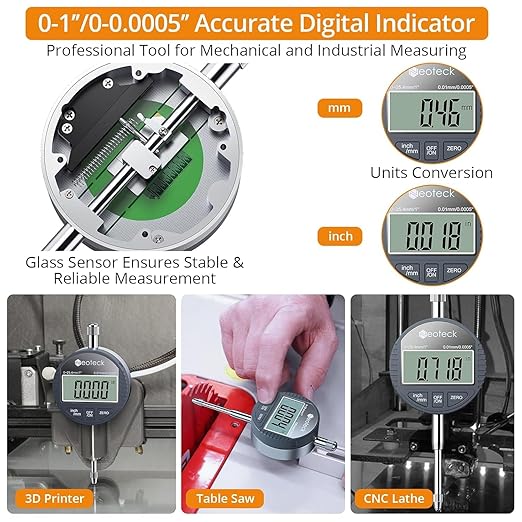 Neoteck Digital Dial Indicator Gauge and Magnetic Base Set with Storage Case 0-1 inch/ 25.4mm, 0.0005inch/0.01mm Inch/Metric Conversion Measuring Tool for 3D Printer Lathe Workshop Woodworking-Silver
