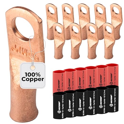 SELTERM 10pcs - 8 Awg - 1/4" Stud - Battery Lugs - Ring Terminal Connectors | with 12pcs 3:1 Black & Red Heat Shrink Tubing with Adhesive | Heavy Duty Battery Cable Ends - Bare Copper Wire Lugs Kit