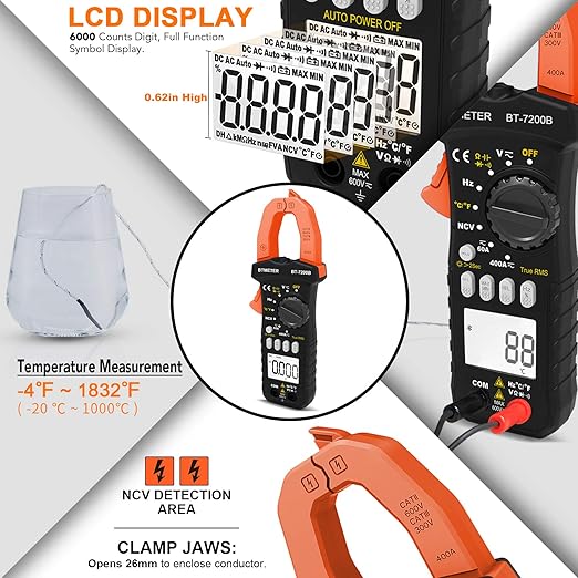 BTMETER BT-7200B TRMS 6000 Counts Clamp Multimeter, Digital Clamp-on Ammeter for AC/DC Current Voltage Resistance Capacitor Frequency Continuity Temperature NCV