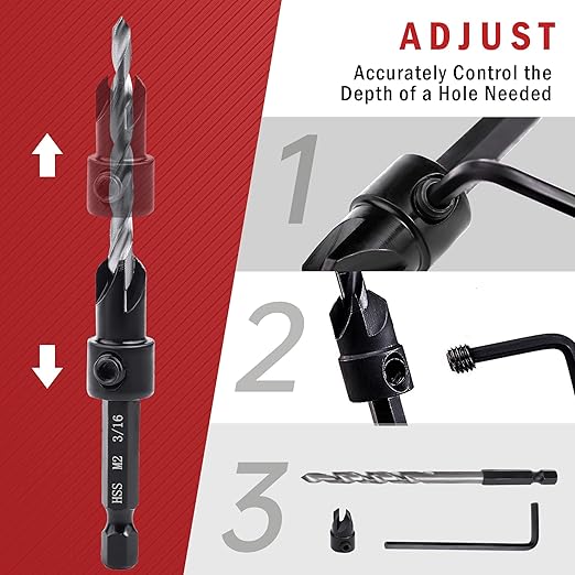 Countersink Drill Bit Set, 3PCS Tapered Drill Bits, M2 Countersink Set with 1/4" Hex Shank Quick Change and 1 Allen Wrench for Woodworking, Pilot Screw Hole Set for Soft & Hard Wood