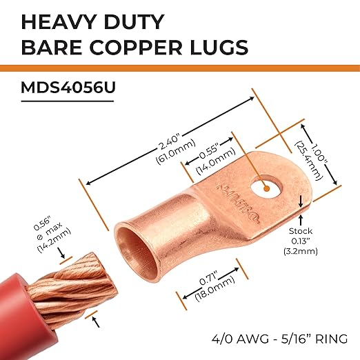 SELTERM 2pcs 4/0 AWG 5/16" Stud Copper Wire Lugs, Ring Terminals, Battery Cable Ends, 0000 Gauge Ring Terminal Connectors, UL Heavy Duty Bare Copper Eyelets Battery Terminal Connectors