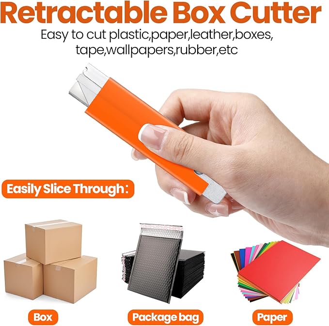 Lasnten 48 Pieces Box Cutters Bulk Retractable Cardboard Cutter Single Edge Handy Mini Box Knife Razor Blade Cutter Iron Body Utility Knife for Paper Packages Letter(Orange)