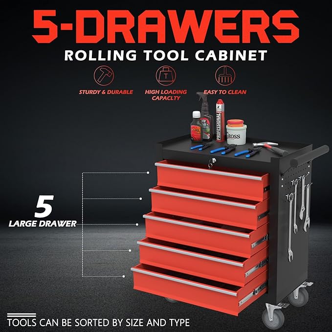 5-Drawer Rolling Tool Boxes,Metal Rolling Tool Chest with Wheels and Locking Tool Chest,Portable Metal Tool Box for Warehouse,Garage, Repair Shop, Workshop (Blackred, 5-Drawer)
