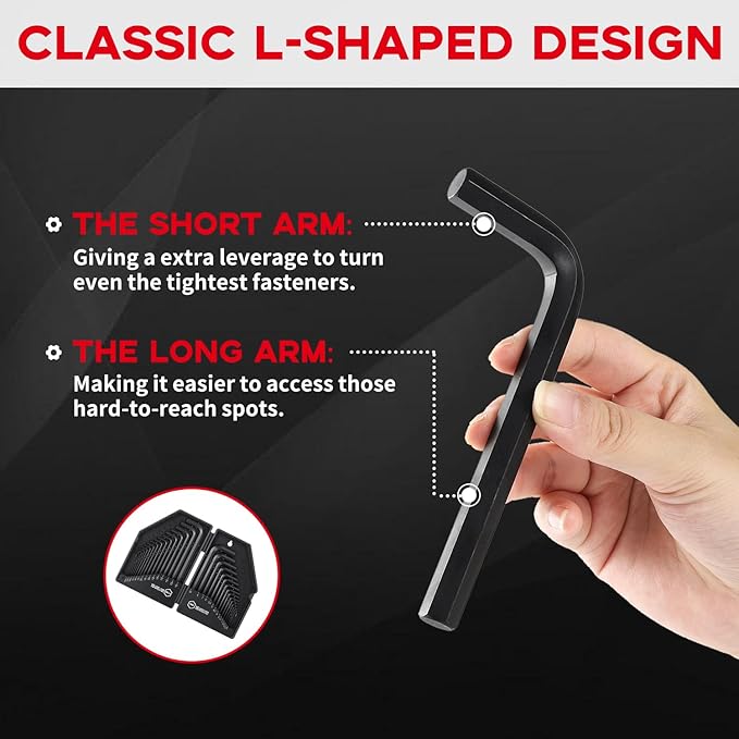 30 PCS Hex Head Key Allen Wrench Tool Set Organizer Kit Alloy Steel L Shape Black Metric (0.7-10 mm) SAE (0.028"-3/8") Standard In Storage Case Long Short Arm