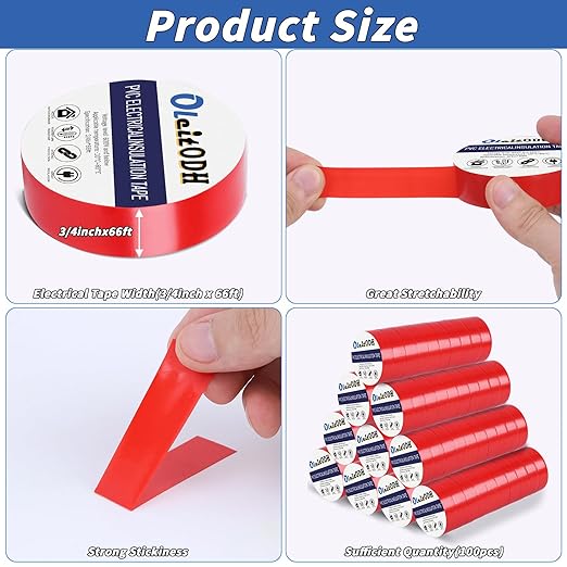 100 Rolls Red Electrical Tape Bulk 3/4 Inch x 66ft, Waterproof Vinyl Electric Tape High Temp Insulation Tape for Electrical Protection Home Outdoor Electric Insulating Wire Wrapping