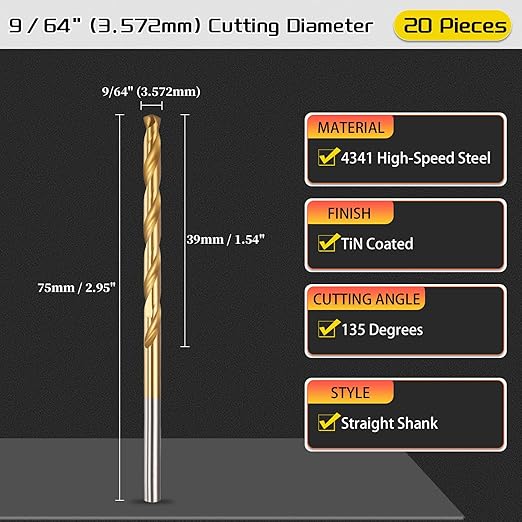 Drill Bit, 9/64" Cutting Diameter, 4341 HSS TiN Coated 135° Cutting Angle Jobber Bits - (Applications: for Drilling Soft Metal Plastic Wood), 20-Pieces