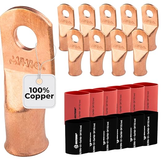SELTERM 10pcs - 3/0 Awg - 3/8" Stud - Battery Lugs - Ring Terminal Connectors | with 12pcs 3:1 Black & Red Heat Shrink Tubing with Adhesive | Heavy Duty Battery Cable Ends - Bare Copper Wire Lugs Kit