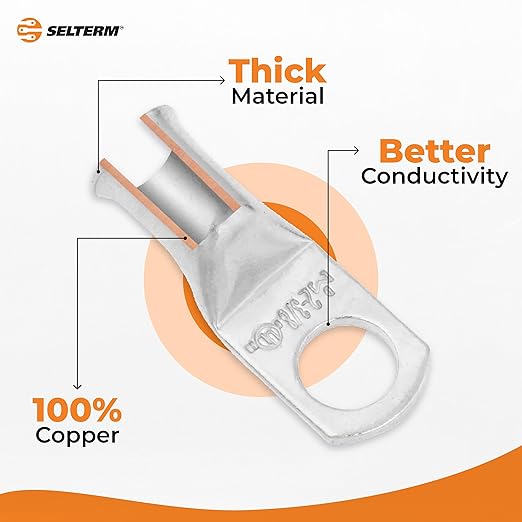 SELTERM 2pcs 4 AWG 1/4" Stud Tinned Copper Wire Lugs, Battery Lugs, Ring Terminals, Battery Cable Ends, 4 Guage Ring Terminal Connectors, UL Marine Grade Electrical Battery Terminal Connectors