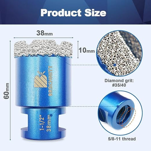 1-1/2 Inch Diamond Core Drill Bit for Porcelain Tile Ceramic Marble Granite Drilling,BRSCHNITT 1pc Vacuum Brazed Diamond Hole Saw with 5/8-11 Thread (38mm)