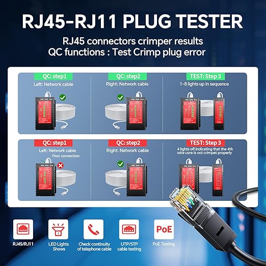 NOYAFA NF-468S Network Cable Tester, RJ12 RJ11 RJ45 Ethernet Cable Tester for CAT5 CAT5E CAT6 CAT6A, POE Tester Continuity UTP/STP Cable Toner LAN Telephone line CAT3 Cable Network Tools