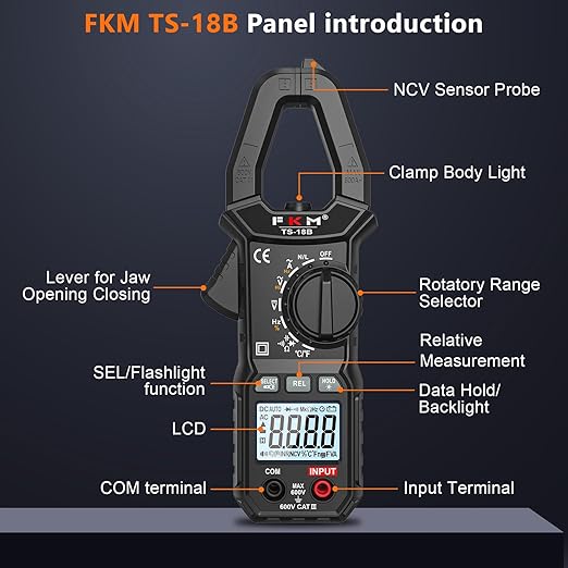 FKM Digital Clamp Meter Multimeter Tester TRMS 6000 Counts Auto-ranging Amp Voltage Tester,for AC Current,AC/DC Voltage,NCV Detection,Resistance,Capacitance,Continuity,Hz/Duty Cycle,Diode,Temp Test