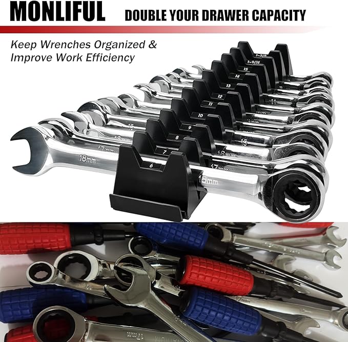 12 PCS Magnetic Modular Wrench Organizer Wrench Holder - Wrenchs Tool Organizers for Tool Drawer Storage, Wrenchs Rack with Metric SAE Labels, Tool Storage Set Holder Festival for Mechanics