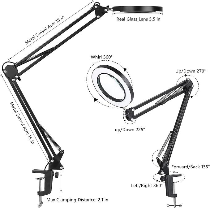Magnifying Glass with Light and Stand, 3 Color Modes Stepless Dimmable, 5-Diopter Glass Lens, Adjustable Swivel Arm, LED Magnifier Desk Lamp for Close Work, Repair, Crafts, Reading - Long