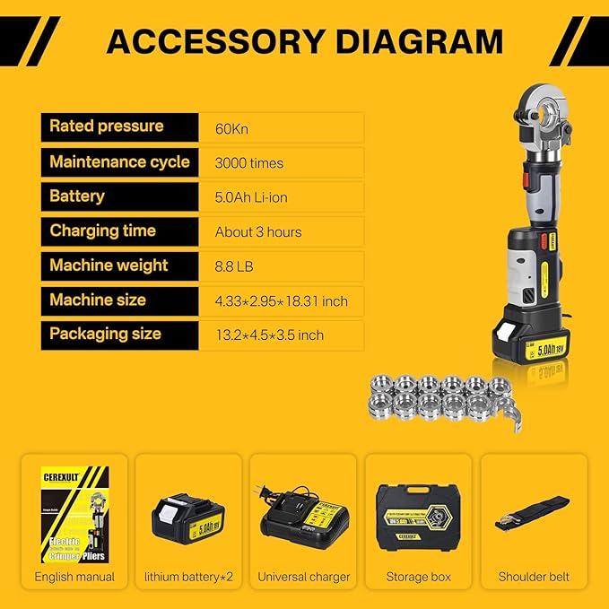 Electric Hydraulic Cable Lug Crimper Pliers, Rechargeable Crimping Tool, Straight-handled electric hydraulic pliers, Electrical Terminal Cable Wire Fiber Crimper Kit with 12 Dies, 8 AWG to 600 MCM