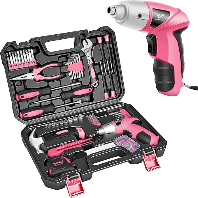 Pink Household Tool Set with 3.6V USB Electric Screwdriver, 151 PCS Home Tool Kit with Cordless Lithium-ion Drill Driver, Hand Tool Kits for Women