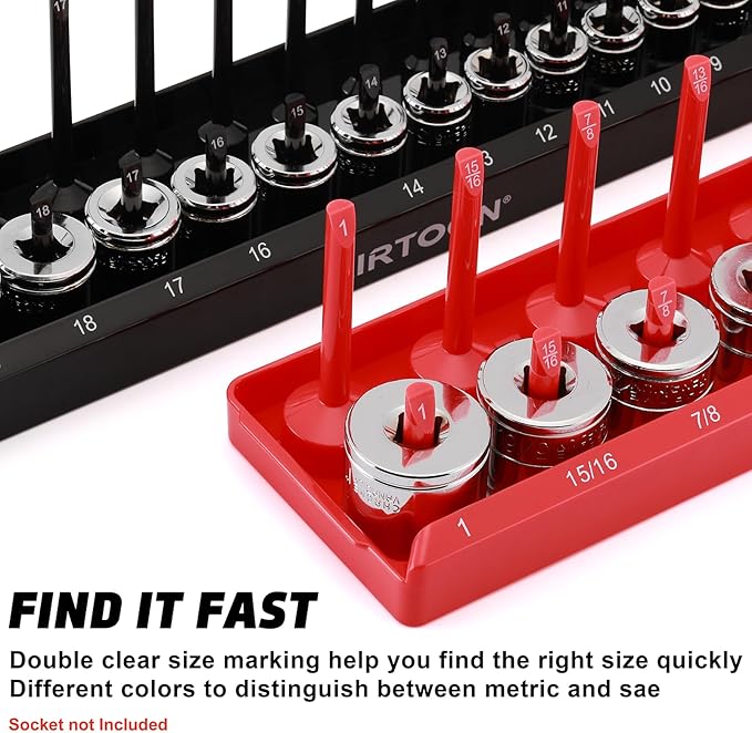 AIRTOON 3/8-Inch Drive Socket Organizer Trays, 2-Piece SAE and Metric Socket Tray Set, Deep and Standard Socket Holders Organizers for Toolbox, Black & Red