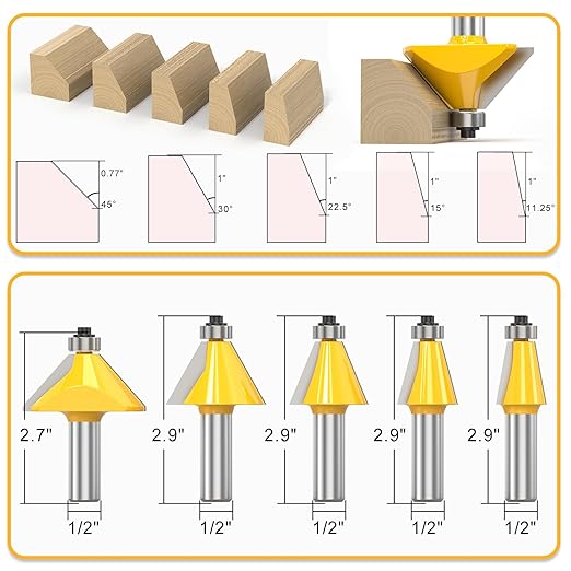 5PCS Chamfer Router Bit Set 1/2 Inch Shank Dish Carving Router Bits with Top Bearing for Woodworking, 11.25, 15, 22.5, 30, 45 Degree