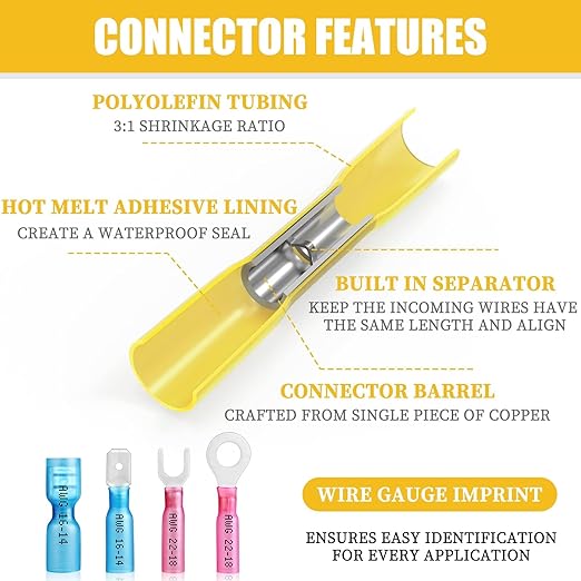 300PCS Heat Shrink Wire Connectors, 22-10 AWG Waterproof Electrical Wire Terminals Kit, Marine Grade Heat Shrink Butt Connectors Insulated Ring Fork Spade Butt Splices for Automotive Boat Truck