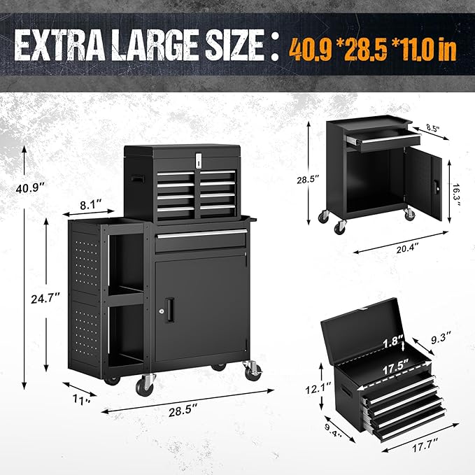 5 Drawers Rolling Tool Chest, Tool Box Detachable Top Metal Tool with Locking System, Protective Mat & Tool Rack, Garage Storage Cart with Side Cabinet, Tool Box for Garage