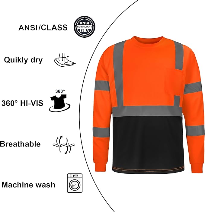 High Visibility Class 3 T Shirts，Hi Vis Safety Shirts with Reflective Strips and Pocket, Long Sleeve Quick Dry Mesh Construction Work Shirt for Men/Women Black Bottom Orange,3XL
