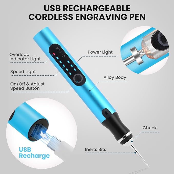 Electric Engraving Pen with 37 Bits, USB Rechargeable Cordless Etching Engraving Tool, Portable DIY Rotary Engraver for Jewelry Wood Glass Stone Carving (Blue)