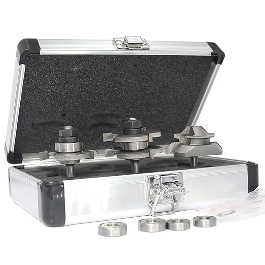 3Pc Tongue and Groove Router Bit Set 1/4 Shank,45 Degree Lock Miter Bit,3 Teeth T Shape Glue Joint Cutter,in Aluminum Case for Wood Cabinet Door/Board Tabletops/Strip Flooring Making