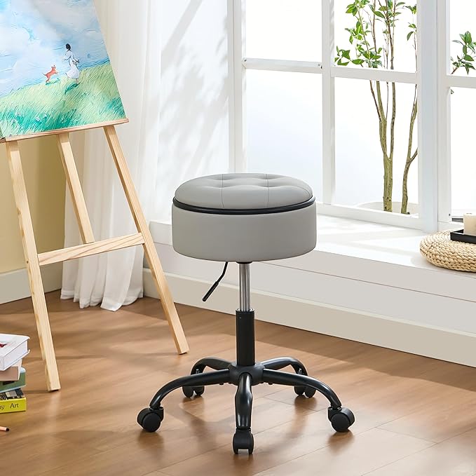 Vnity Stool with Wheels (Chair & Small Table in One) (Adjustable Tattoo Chair 20.67"-24.61"), Gray Stool for Desk with Storage
