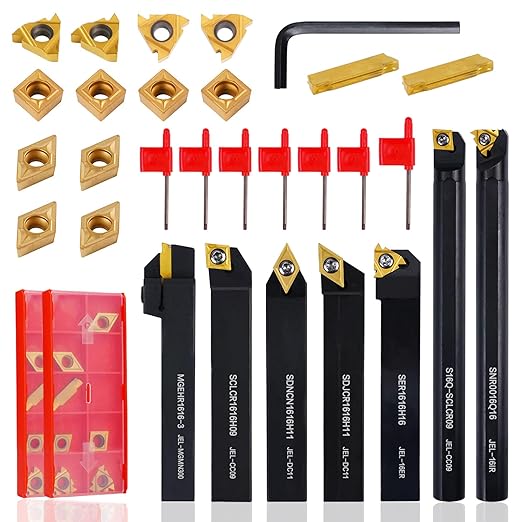 Indexable Lathe Turning Tool 21Pcs Kit 5/8" (16mm) Shank, Includes 7Pcs Metal Lathe Tool Holders and 14Pcs Carbide Inserts for Turning Boring Grooving Cutting Threading Carbide Turning Tool