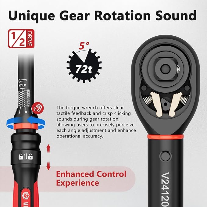 Torque Wrench 1/2-Inch Drive, 10-170.0ft.lb/13.60-230.5Nm,72 Tooth, TRP+ABS Plastic Handle, Click Torque Wrench with 1/2" to 3/8" Adapter & 125mm Extension Bar for Moto, Automotive Maintenance
