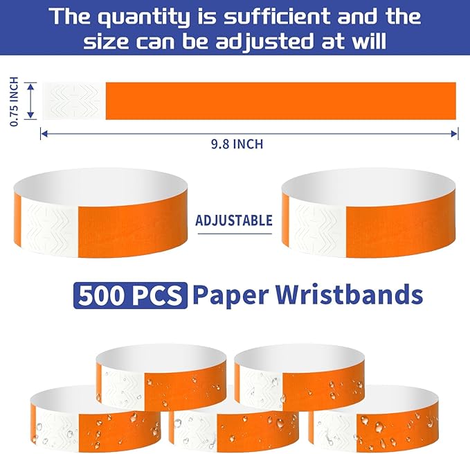 500 Pcs Orange Paper Wristbands for Events Waterproof Neon Wrist Bands Adhesive Concert Identification Wristbands Hand Bands for Events (Orange)