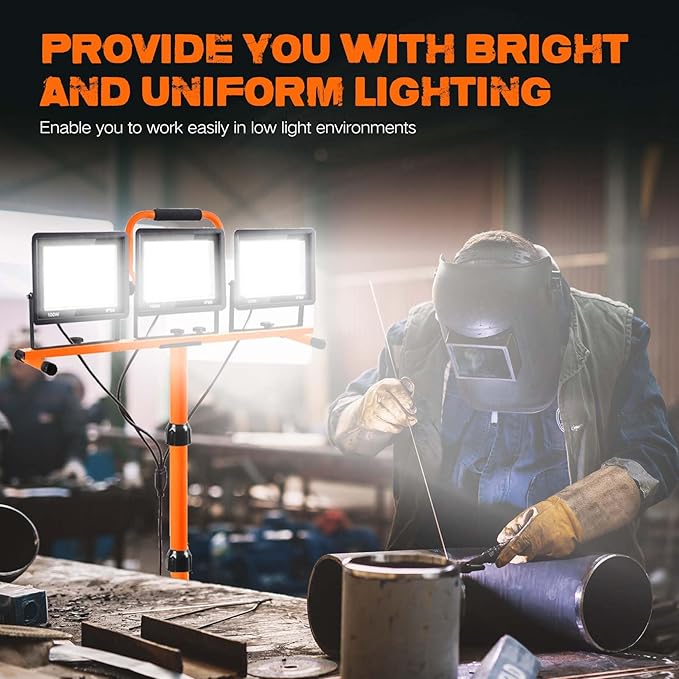 21000 Lumen Work Lights with Stand, 3 Adjustable Head LED Work Light, with Adjustable and Foldable Tripod Stand, Waterproof Lamp with Individual Switch with 6500 Kelvin Color Temperature