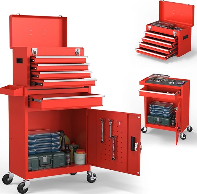 5-Drawer High Capacity Rolling Tool Chest, Removable Toolbox on Wheels Organizers, Lockable Tool Box Tool Storage Cabine with Drawers and Wheels for Workshop and Warehouse (Red)