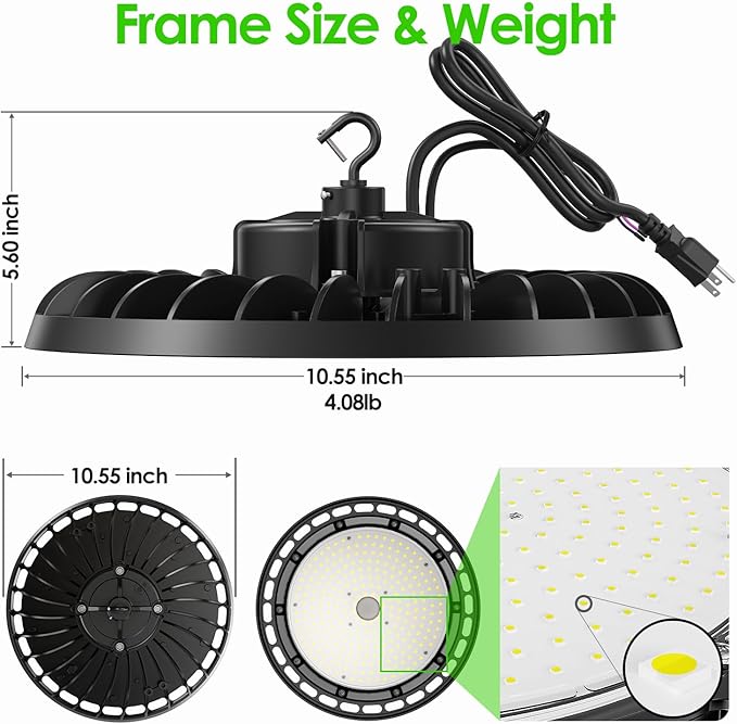 LED High Bay Light 150W, 10' UFO Commercial Lighting Fixture w/Isolated Power Supply, w/Plug for Garage Shop Warehouse Workshop, 5000k 21000lm Dimmable IP65 UL ETL Listed (1-Pack)