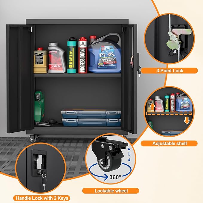 31.5''H Metal Storage Cabinets with Lock, Metal Garage Storage Cabinet on Wheels, Lockable Rolling Tool Chest Cabinet with Doors & Adjustable Shelves for Garage, Home, Office, Assembly Required