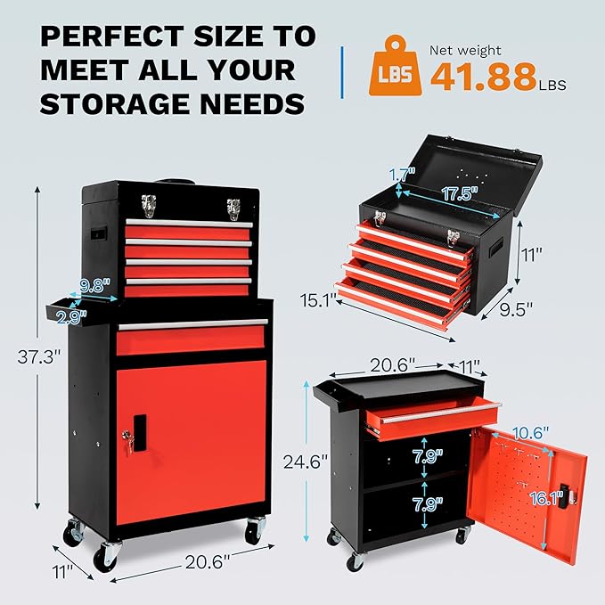 Rolling Tool Box, 5 Drawer Tool Chest with Wheels, Tool Box Organizer with Detachable Top, Lockable Drawers & Sliding Storage for Garage & Workshop