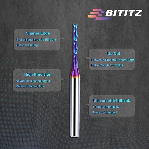 2PCS Upcut Spiral Router Bit 1/4 Inch Shank 1/8 Inch Cutting Diameter 1 inch Cutting Length with Extra Long Life Coating CNC Router Bits End Mill for Wood Cutting, Slot Mortise, Engraving