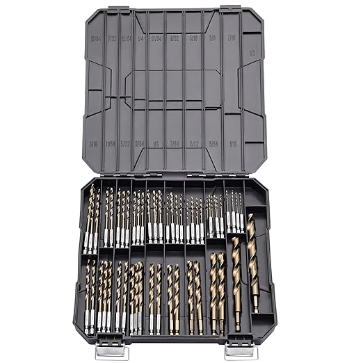 Hex Shank Cobalt Drill Bit Set 63Pcs 1/16"-1/2", M35 HSS Twist Impact Drill Bits for Metal and Hardened Steel, with Indexed Storage Case