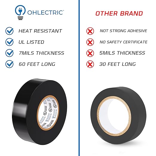 OHLECTRIC Professional Grade Vinyl Electrical Tape (10 Pack) Black - 7 Mil Thick Flame-Retardant, Heat & Weather Resistant 3/4 Inch x 60 Feet | Ideal for Contractors & Electricians