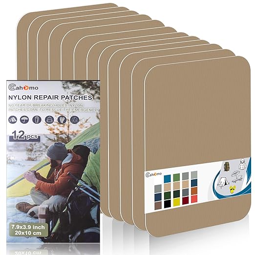 7.9x3.9 inch 12 PCS Nylon Repair Patch Nylon Repair Tape Self Adhesive Fabric Tapes Outdoor Camping Gear Fabric kit for Tent, Umbrella, Down Jackets, Sleeping Bag, Knapsack（Khaki）