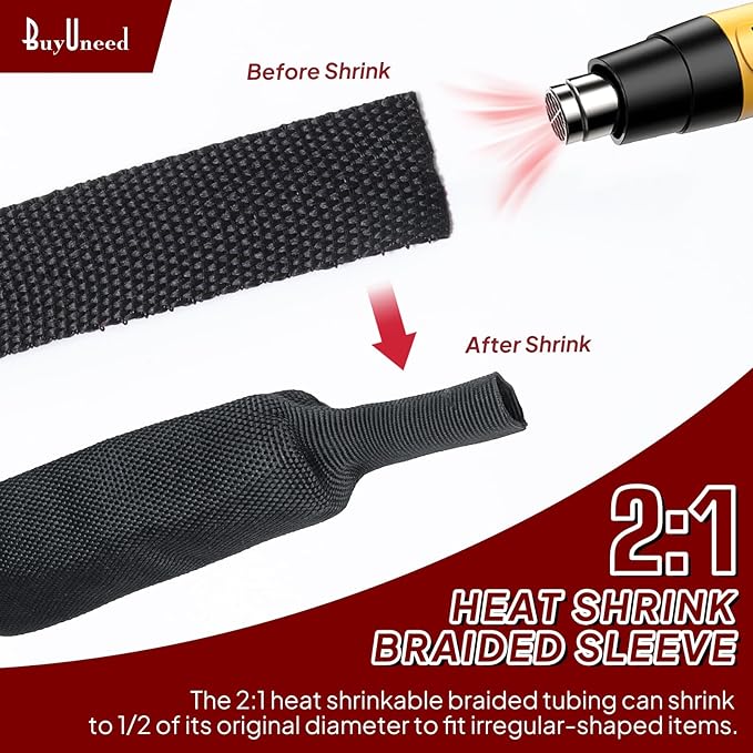 2 in 1 Heat Shrink Braided Sleeving 1-3/8 inch Cloth Wiring Harness Loom Abrasion Resistant Sleeve for Protection Cable/Sheath (34mm ID-29ft)