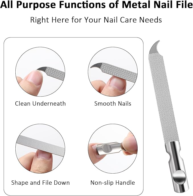 Metal Nail Files for Natural Nails, Mabor Stainless Steel Fingernail File with Pointed Tip Professional Double Sided Curved Nail Filer for Nails Travel Nail File with PU Leather Case