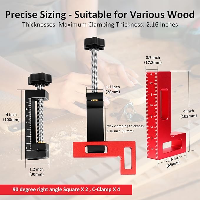 Corner Clamps for Woodworking - Durable & Versatile 90 Degree Right Angle Clamps, 2 Pack 2" x 4" Aluminum Positioning Squares with 4 C-Clamps for Cabinets, Frames, and Drawers
