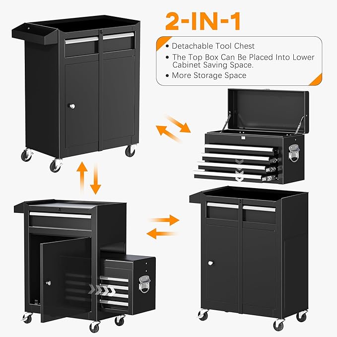 INTERGREAT Black Tool Chest, 5-Drawer Rolling Tool Storage Cabinet with Detachable Top Tool Box, Tool Chest with Universal Lockable Wheels, Metal Tool Cart for, Workshop, Barbershop