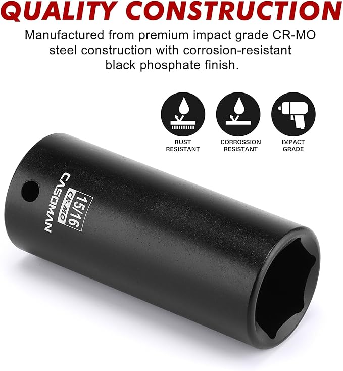 CASOMAN 1/2" Drive x 15/16" Deep Impact Socket, 6-Point, SAE, CR-MO
