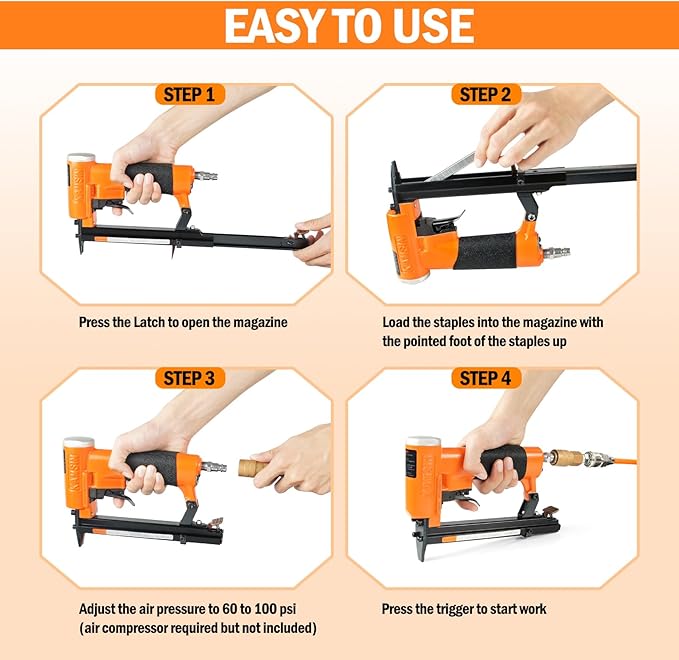 KN8016 21 Gauge Industrial Pneumatic Upholstery Stapler 1/2-Inch Crown for 1/4-Inch to 5/8-Inch Staples, Air Power Upholstery Construction Staple Gun for Home Renovation, Furniture, DIY Woodworking