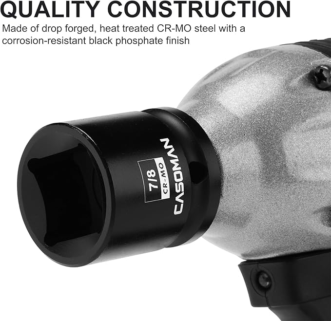 CASOMAN 1/2-Inch Drive 7/8-Inch Square Impact Socket, 4-Point, SAE, CR-MO